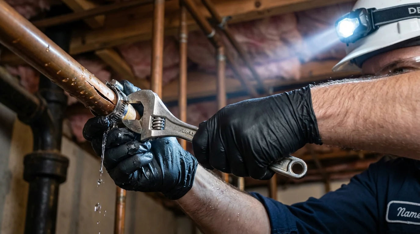 Emergency pipe clamp repair being performed by a Johns Plumbing LLC plumber in Royalton
