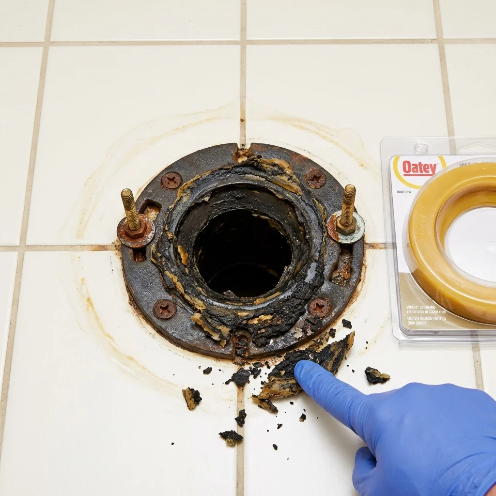 Failed wax ring showing water seepage at the base of a toilet in a Royalton, MN home